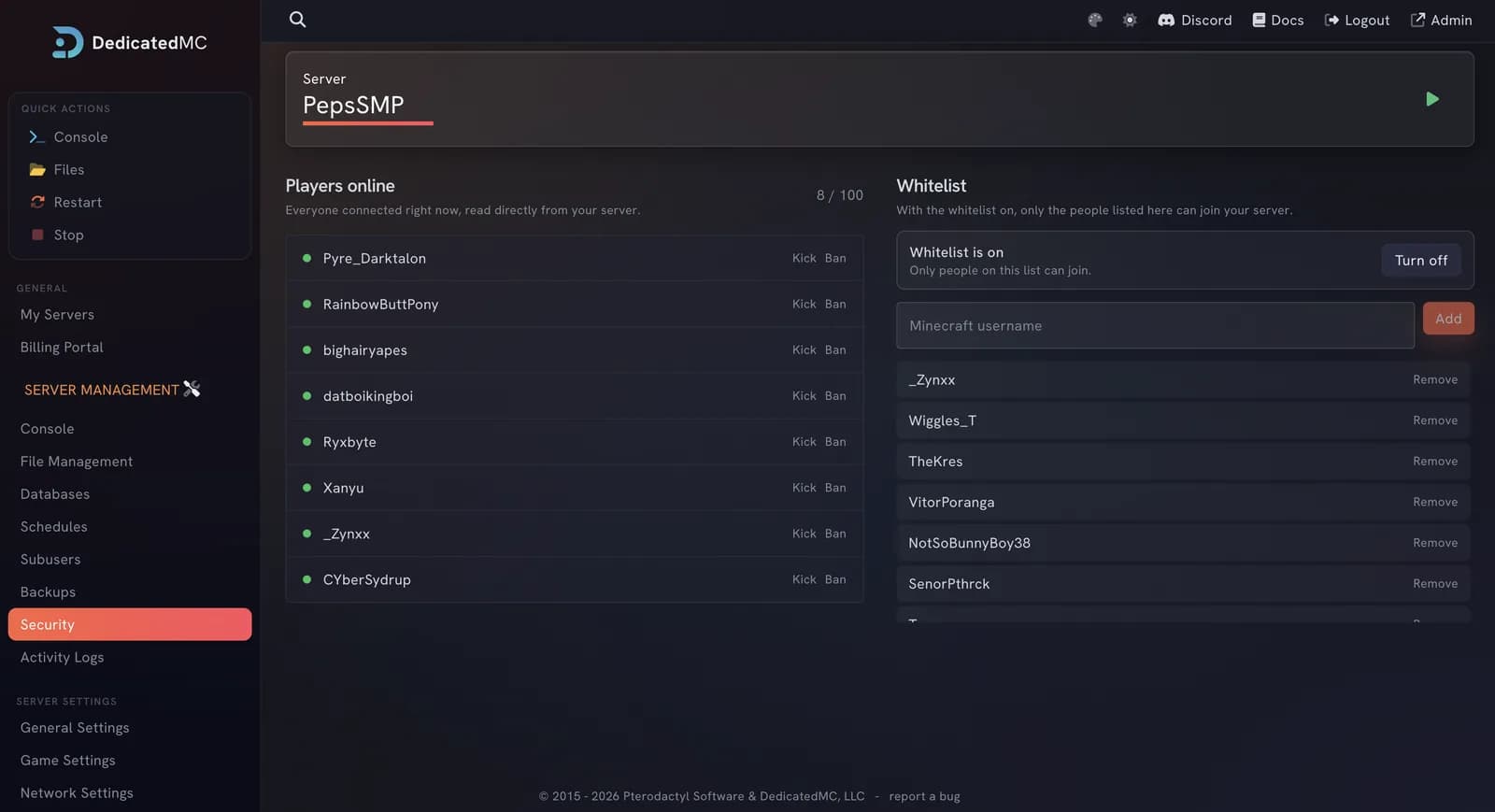 Whitelist, Kick and Ban